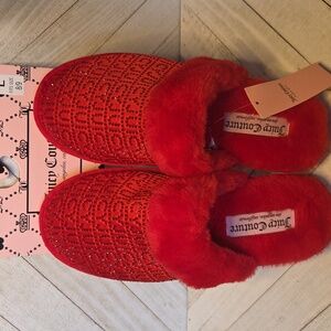 NWT Juicy Couture Red Slip On Slides Slippers With Faux Crystals